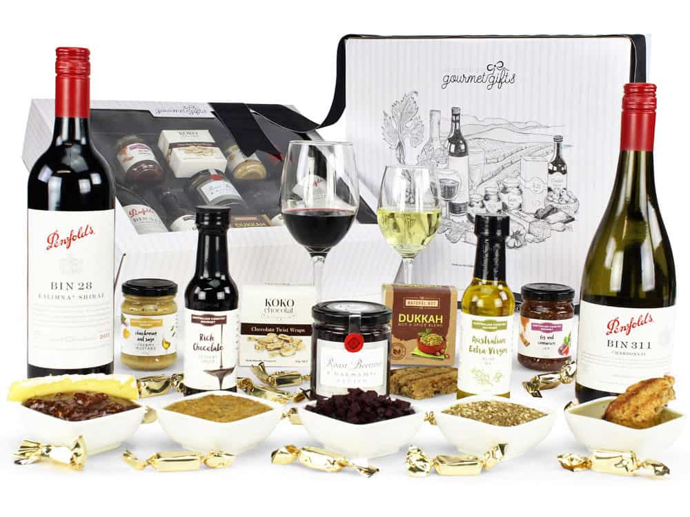 Image of the Pure Indulgence Penfolds Hamper and all its contents.
