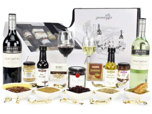 Image of the Premium Red & White Wine Hamper and all the products it contains