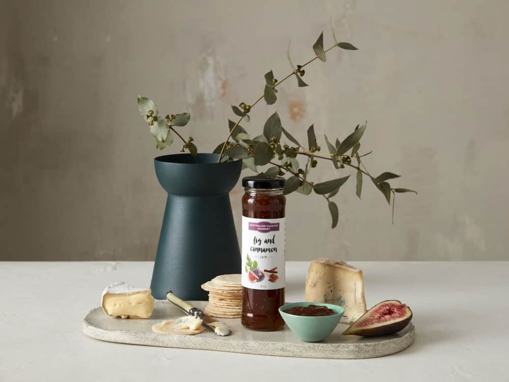 The Australian Country Gourmet - Fig & Cinnamon Jam on a Cheeseboard with a fig, cheese and crackers