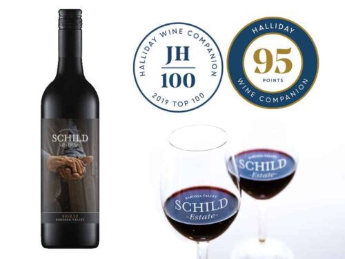 Schild Borossa Shiraz Wine, Two Wine Glasses and Accolades Badges